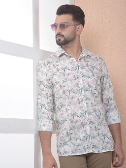 CRIMSOUNE CLUB - Men White Floral Print Linen Slim Fit Shirt