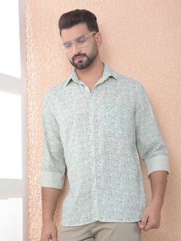 CRIMSOUNE CLUB - Men Green Floral Print Linen Slim Fit Shirt