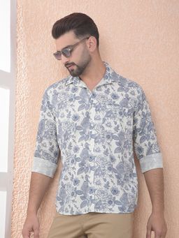 CRIMSOUNE CLUB - Men Blue Floral Print Linen Slim Fit Shirt