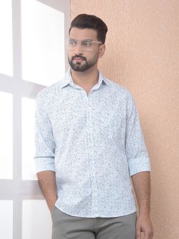 CRIMSOUNE CLUB - Men Blue Floral Print Linen Slim Fit Shirt