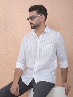 CRIMSOUNE CLUB - Men Blue Vertical Stripes Linen Slim Fit Shirt