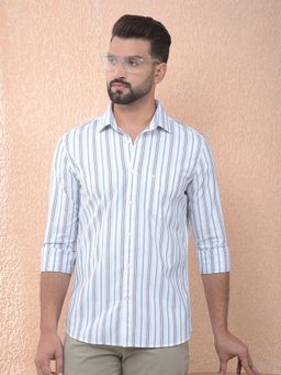 CRIMSOUNE CLUB - Men Green Vertical Stripes Pure Cotton Slim Fit Shirt