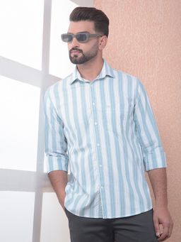 CRIMSOUNE CLUB - Men Green Vertical Stripes Pure Cotton Slim Fit Shirt