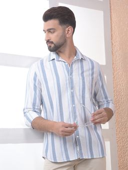 CRIMSOUNE CLUB - Men Blue Vertical Stripes Pure Cotton Slim Fit Shirt