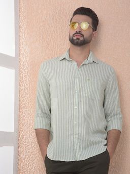 CRIMSOUNE CLUB - Men Green Vertical Stripes Linen Slim Fit Shirt