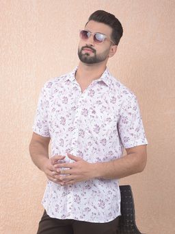 CRIMSOUNE CLUB - Men Pink Floral Print Linen Slim Fit Shirt