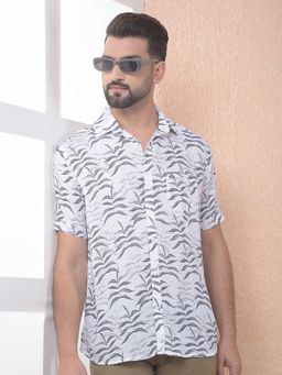 CRIMSOUNE CLUB - Men Off White Print Linen Slim Fit Shirt