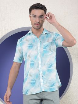 CRIMSOUNE CLUB - Men Blue Floral Print Linen Slim Fit Shirt