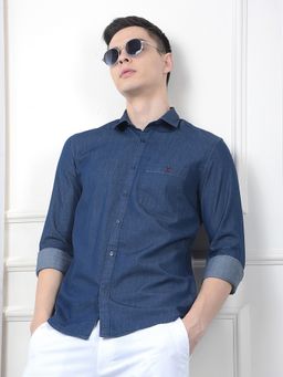 CRIMSOUNE CLUB - Men Blue Pure Cotton Denim Slim Fit Shirt