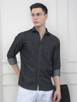 CRIMSOUNE CLUB - Men Charcoal Grey Pure Cotton Denim Slim Fit Shirt