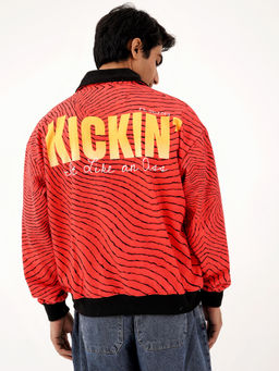 CLAZZEY - Red Wave Graphic Printed Fur Lined Zip-Up Jacket