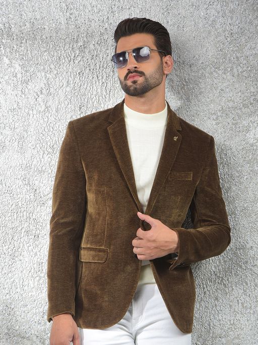 CRIMSOUNE CLUB Men Brown Single-Breasted Velvet Blazer