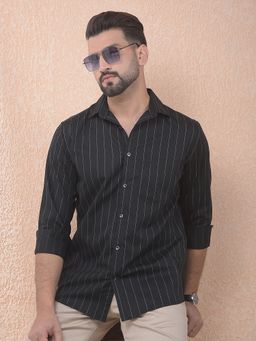 CRIMSOUNE CLUB - Men Black Vertical Striped Pure Cotton Slim Fit Shirt