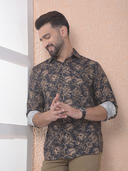CRIMSOUNE CLUB - Men Brown Floral Print Slim Fit Shirt