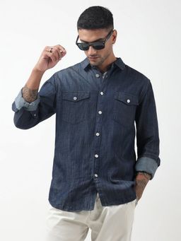 SHOWOFF - Men Denim Button Down Navy Blue Shirt
