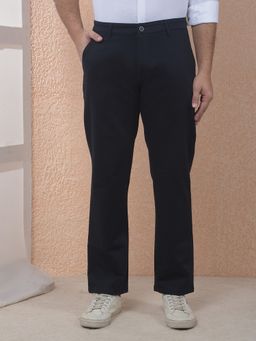 CRIMSOUNE CLUB - Men Solid Cotton Straight Navy Blue Trouser