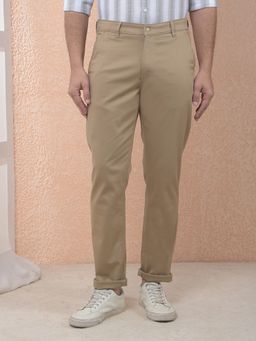 CRIMSOUNE CLUB - Men Solid Cotton Brown Dobby Cotton Trouser