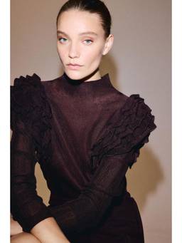 H&M - Women Red Ruffle-Detail Turtleneck Top