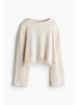 H&M - Women Beige Loose-Fit Lace-Trimmed Top