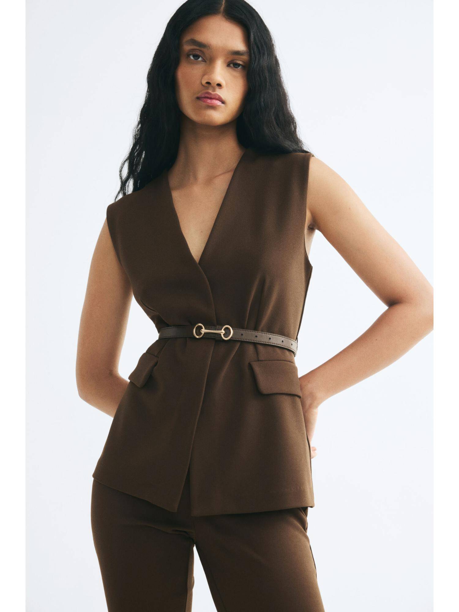 h&m Women Brown Belted Jersey Waistcoat-picture-5
