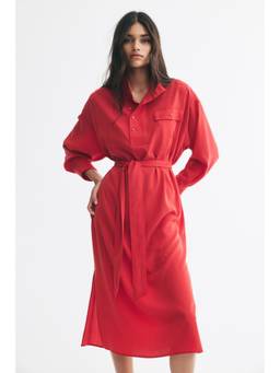 H&M - Women Red Long-Sleeved Tie-Belt Dress