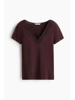 H&M - Women Brown Short-Sleeved Lace-Trimmed Top