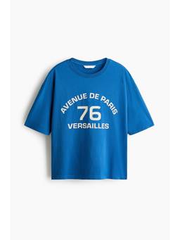 H&M - Women Blue Oversized Print-Motif Cotton T-Shirt