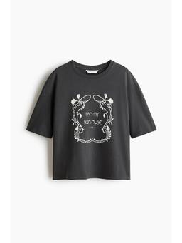 H&M - Women Grey Oversized Print-Motif Cotton T-Shirt