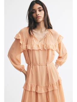 H&M - Women Peach Frill-Trimmed Tie-Detail Dress
