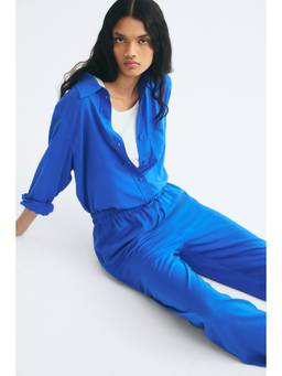 H&M - Women Blue Linen-Blend Drawstring Pant