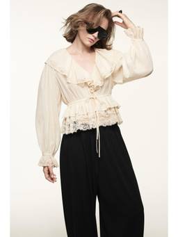 H&M - Women White Lace-Trimmed Tie-Front Blouse