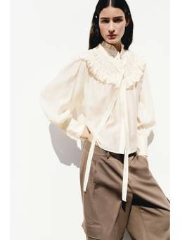 H&M - Women White Frill-Trimmed Tie-Neck Blouse