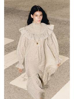 H&M - Women Beige Frill-Trimmed Textured-Weave Dress