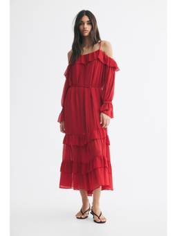 H&M - Women Red Frill-Trimmed Off-The-Shoulder Dress