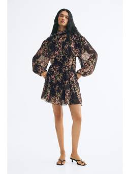 H&M - Women Black Frill-Trimmed Stand-Collar Dress