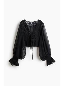 H&M - Women Black Lace-Trimmed Balloon-Sleeved Blouse