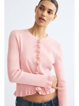 H&M - Women Pink Ruffled Rib-Knit Cardigan