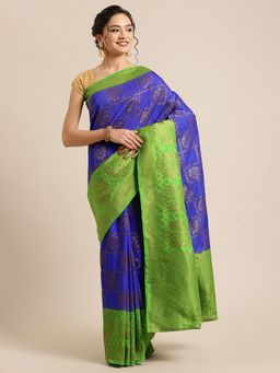 Banarasi Silk Works - Dupion Woven Saree Blue with Unstitched Blouse