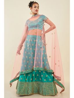 Soch - Women Teal Silk Embroidered Unstiched Lehenga with Sequins Embellishments (Set of 3)