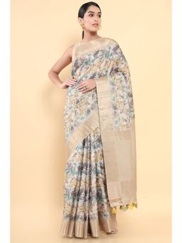 Soch - Women Beige Silk Printed Saree with Unstitched Blouse