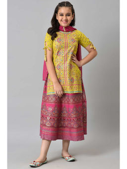 Aurelia - Girls Liva Green Printed Kurta with Pink Skirt and Dupatta (Set of 3)