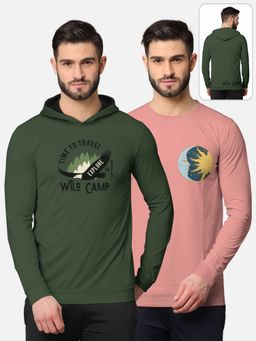 BULLMER - Printed Full Sleeve T-shirt For Men Green And Pink (Pack of 2)
