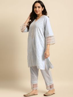 Zuri - Sky Blue Short Embroidered Cotton Kurta
