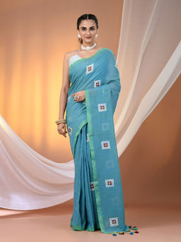 CHARUKRITI - All Over Thread Embroidery Sky Blue Cotton Saree With Unstitched Blouse