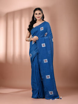 CHARUKRITI - All Over Thread Embroidery Sapphire Blue Cotton Saree With Unstitched Blouse