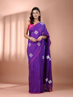 CHARUKRITI - All Over Thread Embroidery Purple Cotton Saree With Unstitched Blouse