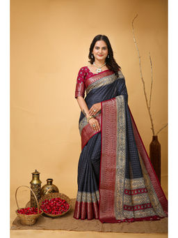 Anjaneya Sarees - Navy Blue Woven Designer Silk Solid Saree with Unstitched Blouse