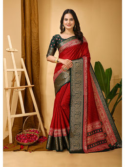 Anjaneya Sarees - Red Woven Designer Silk Solid Saree with Unstitched Blouse