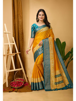 Anjaneya Sarees - Yellow Woven Designer Silk Solid Saree with Unstitched Blouse
