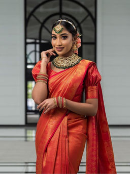 Anjaneya Sarees - Red Woven Designer Banarasi Silk Kanjivaram Saree with Unstitched Blouse
